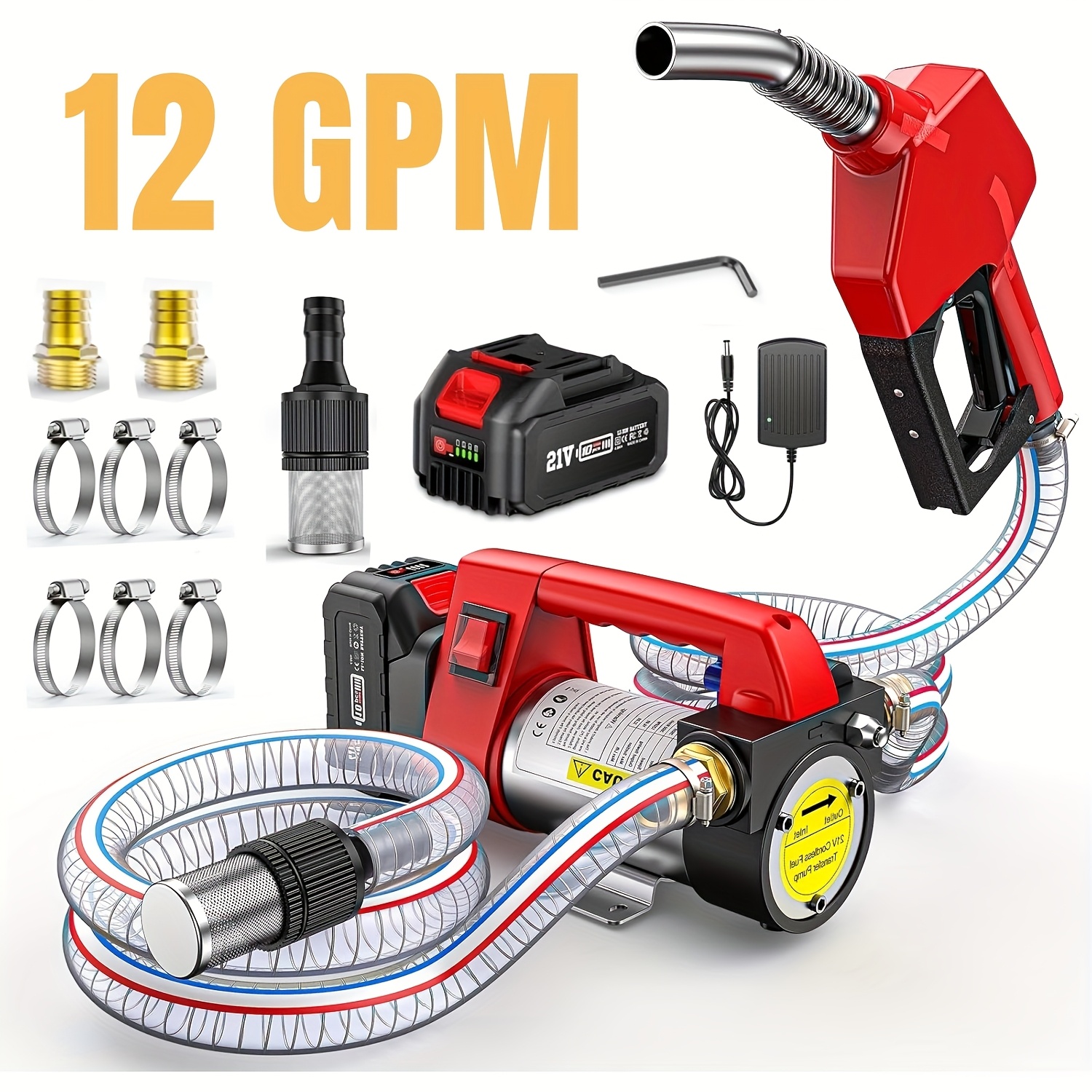 TEMU 12gpm Electric Cordless Pump Kit With 21vdc 4.0ah Battery And Charger, Portable Cordless Pump With Auto-off Nozzle And 2x 6.6ft Hoses For