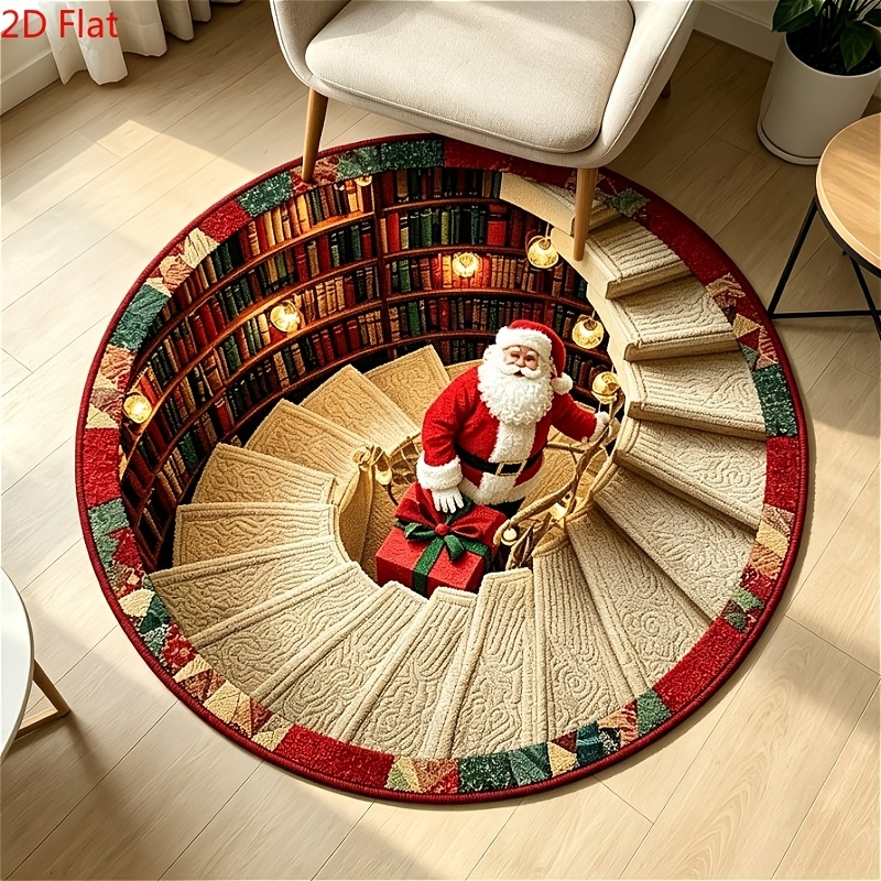 TEMU Velvet 900g 9mm 2d Flat 3d Christmas Round Carpet Visual Trap Entrance Hall Anti-slip Holiday Floor Mat Santa Claus Pattern Living Room Bedroom