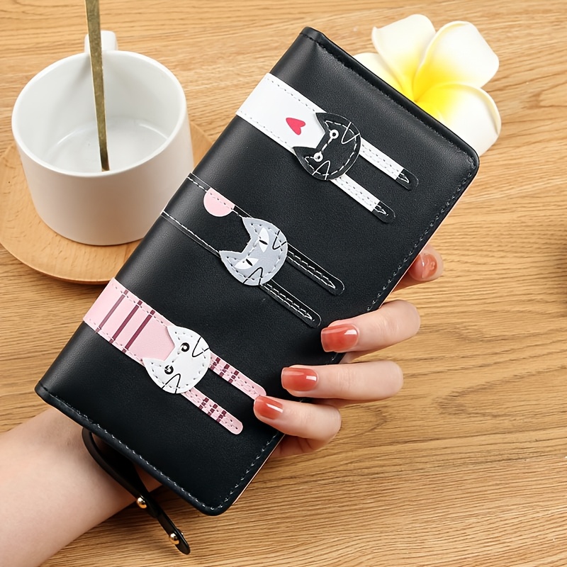 

Women's Long Wallet, Fashionable Cartoon , Leather, Bi-fold, With Zip Pocket, Snap Closure, Coin Purse, For Black/pink/khaki/blue/green