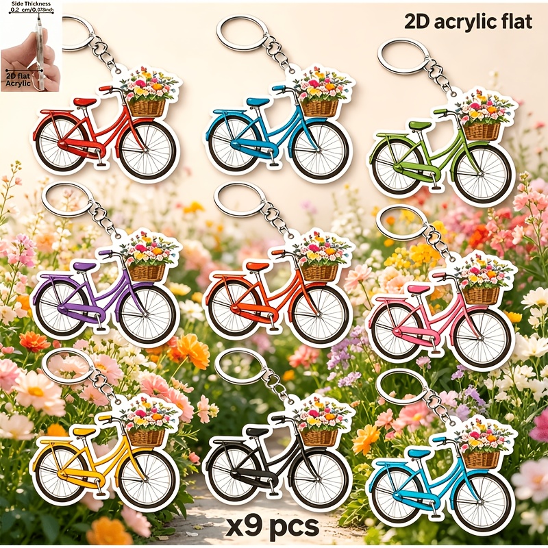 TEMU 2D plat, 2D plat ontwerp - 9 schattige kleurrijke vintage fiets bloemenmandje acryl platte sleutelhangers, sleutelringen, tasbedels, de beste