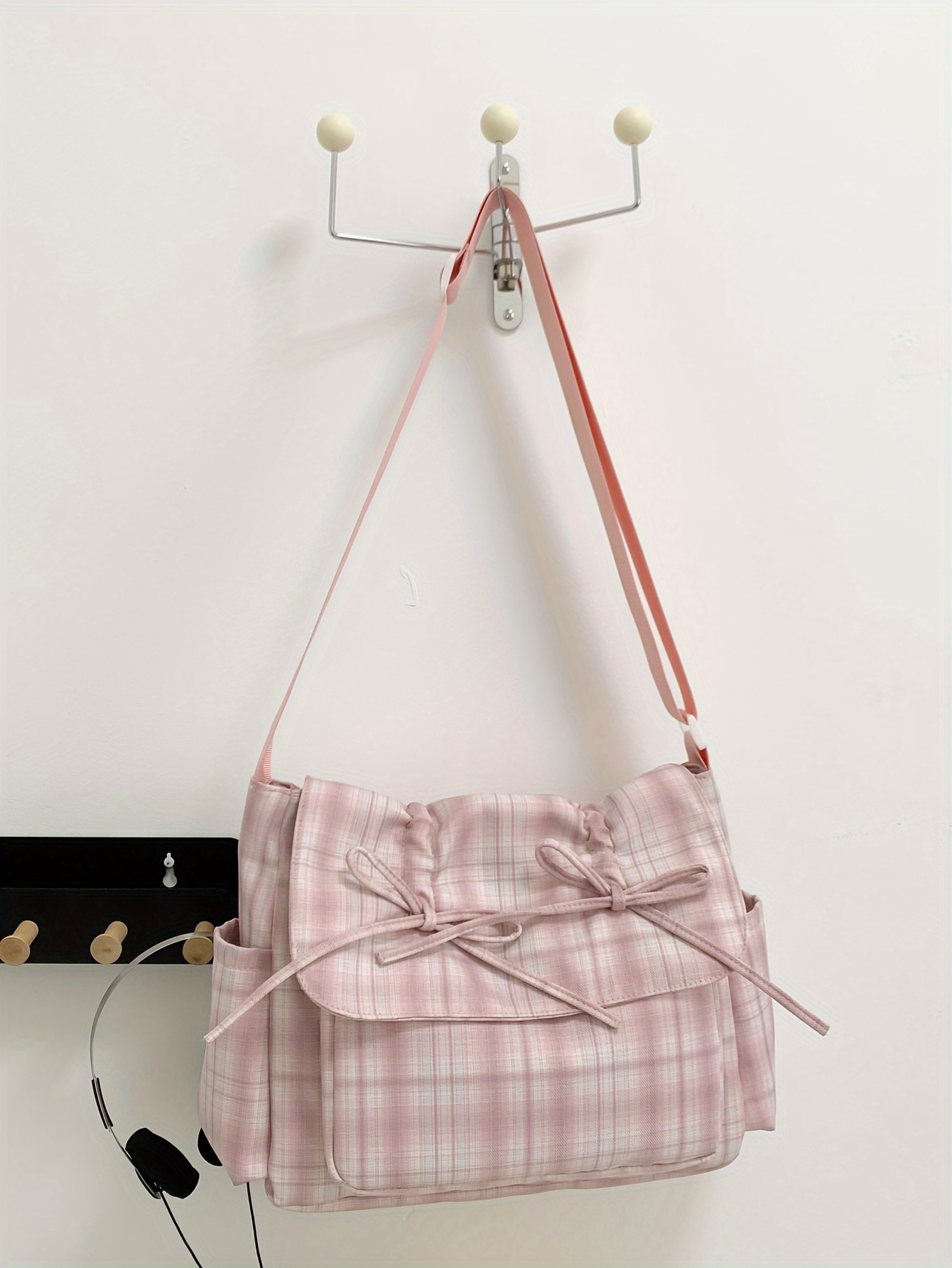 Hellrosa Umhängetasche Im Preppy-stil Mit Karomuster Und Schleife_voghion.com