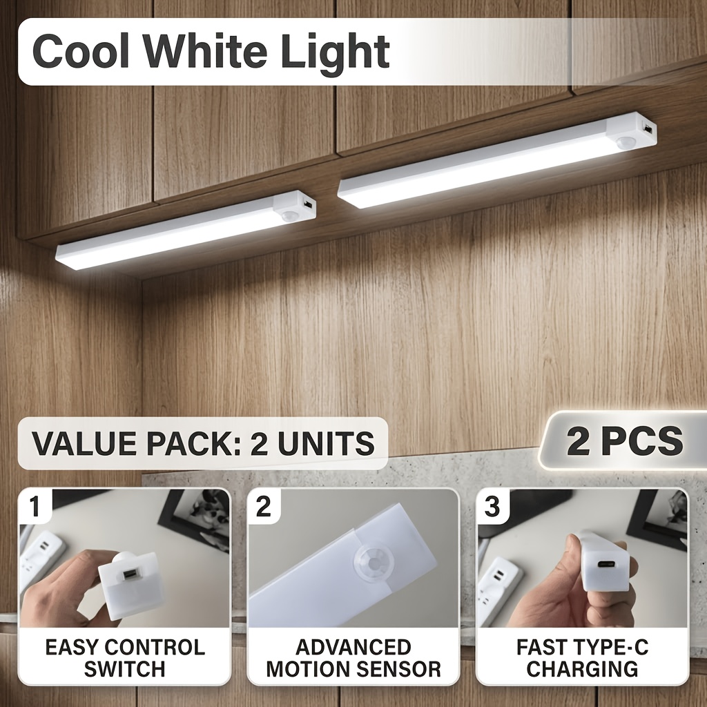 TEMU 2pcs Led Strip Lights Dynamic Induction, No Drilling Magnetic , Rechargeable, Lightweight Structure, Durable Plastic, Suitable For Wardrobe,