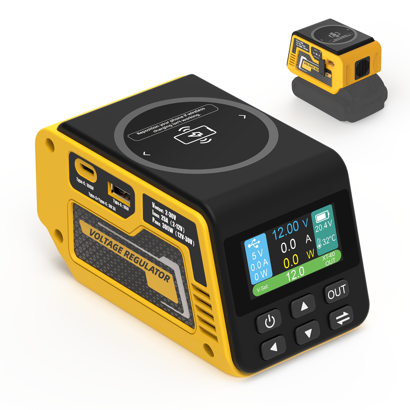TEMU Régleur de tension 300W Max Compatible avec batterie Dewalt 20V | la régulation de tension 2V-30V avec chargement fil & 2 ports USB, Charge