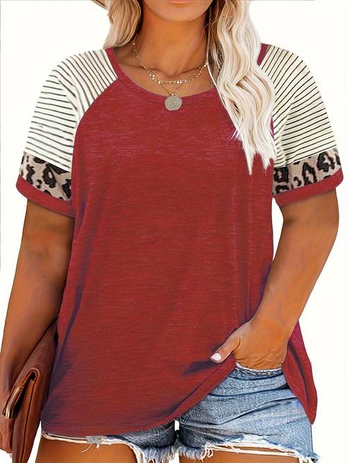 womens plus size casual t shirt colorblock leopard stripe print raglan sleeves round neck stretch summer top fit for casual attire ladies t shirts soft texture material