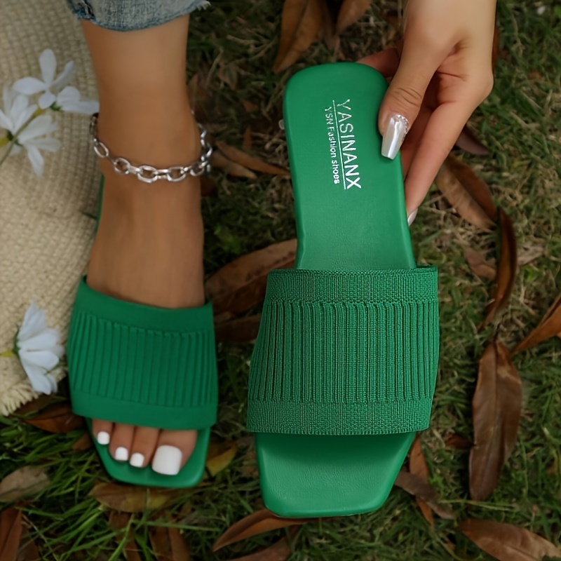 

Sandales Plates Pour Femmes En Tricot À Bande Unique, Chaussures D'été Décontractées À Bout Ouvert Carré, Légères Pour La Plage Et L'extérieur
