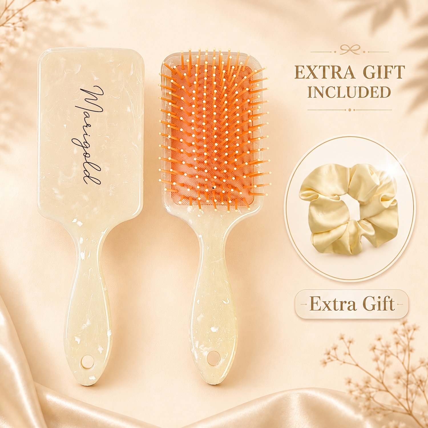 TEMU 1pc Personalized Air Cushion Hair Brush, Large Square Detangling & Scalp Massage Brush For , Pink, Yellow & Gray Marble Design, Travel Hair Care