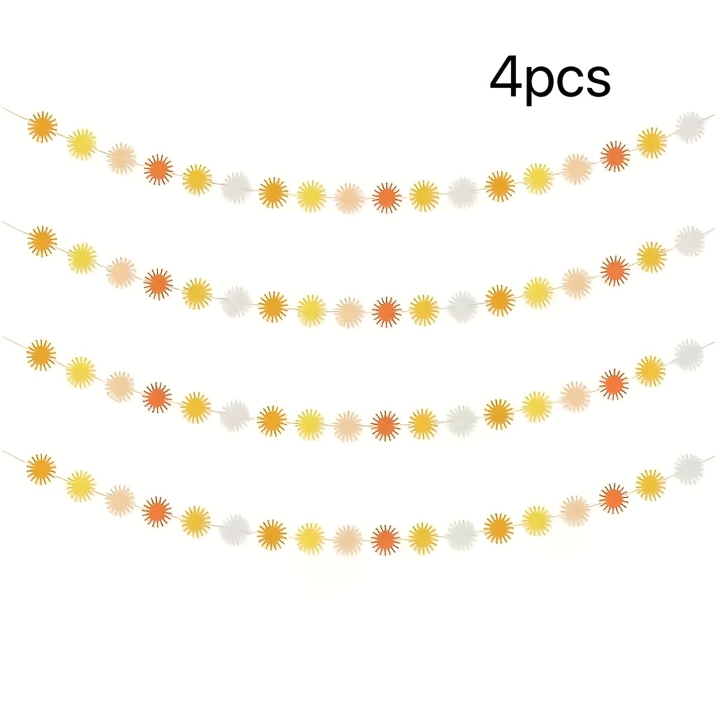 Image of 4packs, Boho Sun Garland Felt Artificial First Trip Around The Sun String Banner Hippie Boho Muted Sun Party Supplies Aesthetic Indoor Outdoor Party Decoration For Baby Shower Wedding