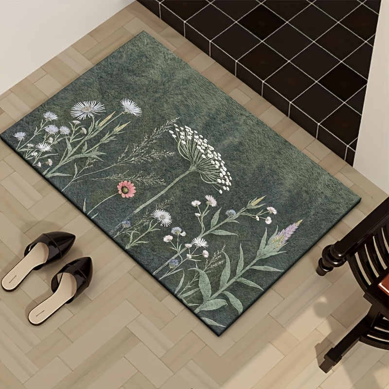 TEMU 1pc Vintage Spring Floral Plant Pattern Outdoor Doormat, Golden Diamond Velvet Material Flat Printed Outdoor Entrance Welcome Area Mat, Suitable