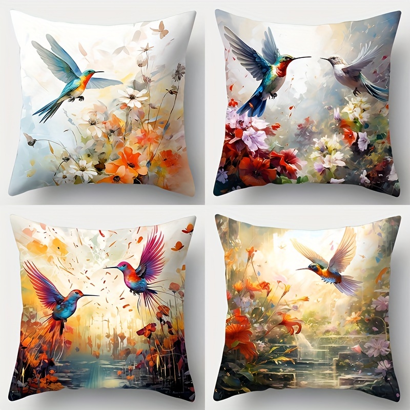 

4-piece Vintage Bird & Floral Throw Pillow Covers Set - 17.7x17.7 Inches, Zippered Polyester Cushion Cases For Sofa And Home Decor (inserts Not Included)