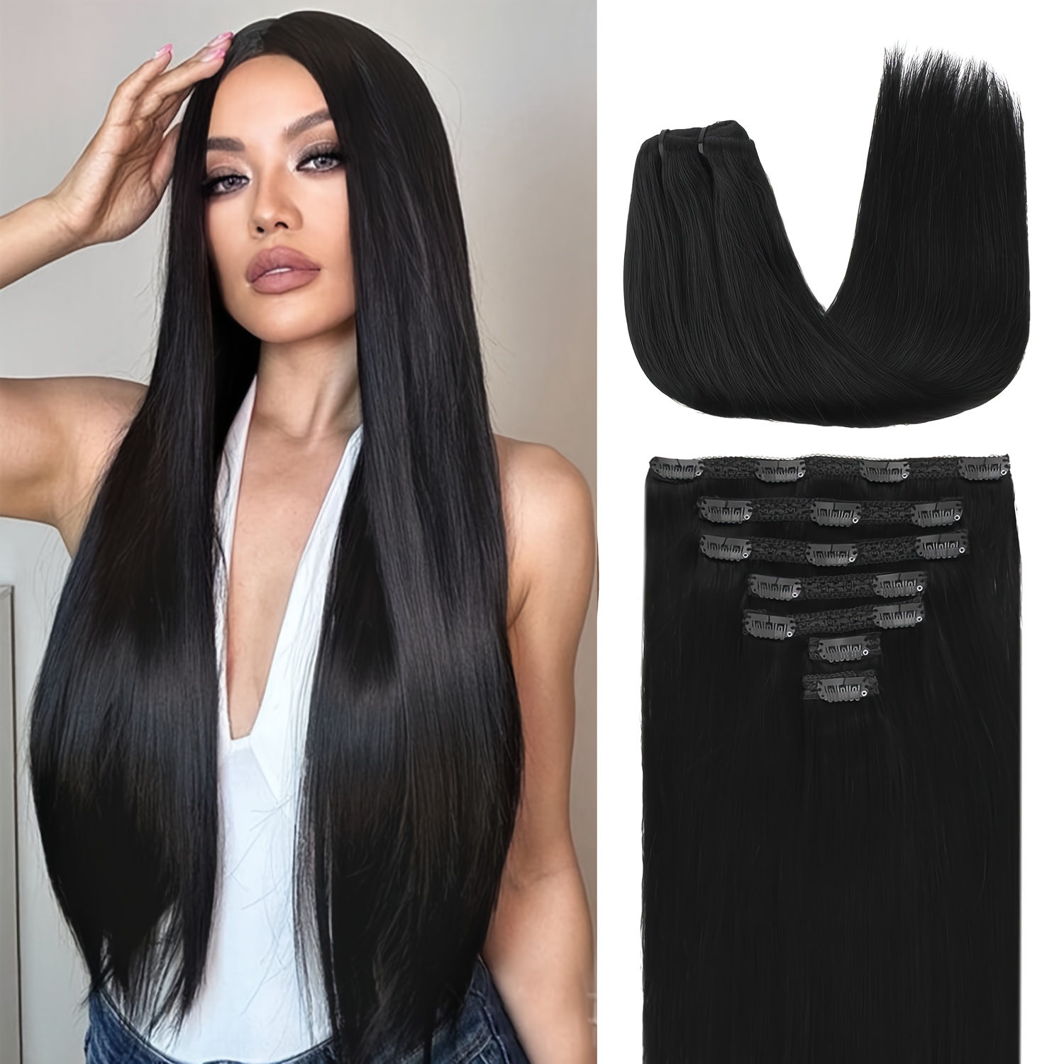 TEMU Long Straight 7pcs Set Hair Pieces Synthetic Clip In Hair Extensions Elegant For Daily Additions 20 Inch