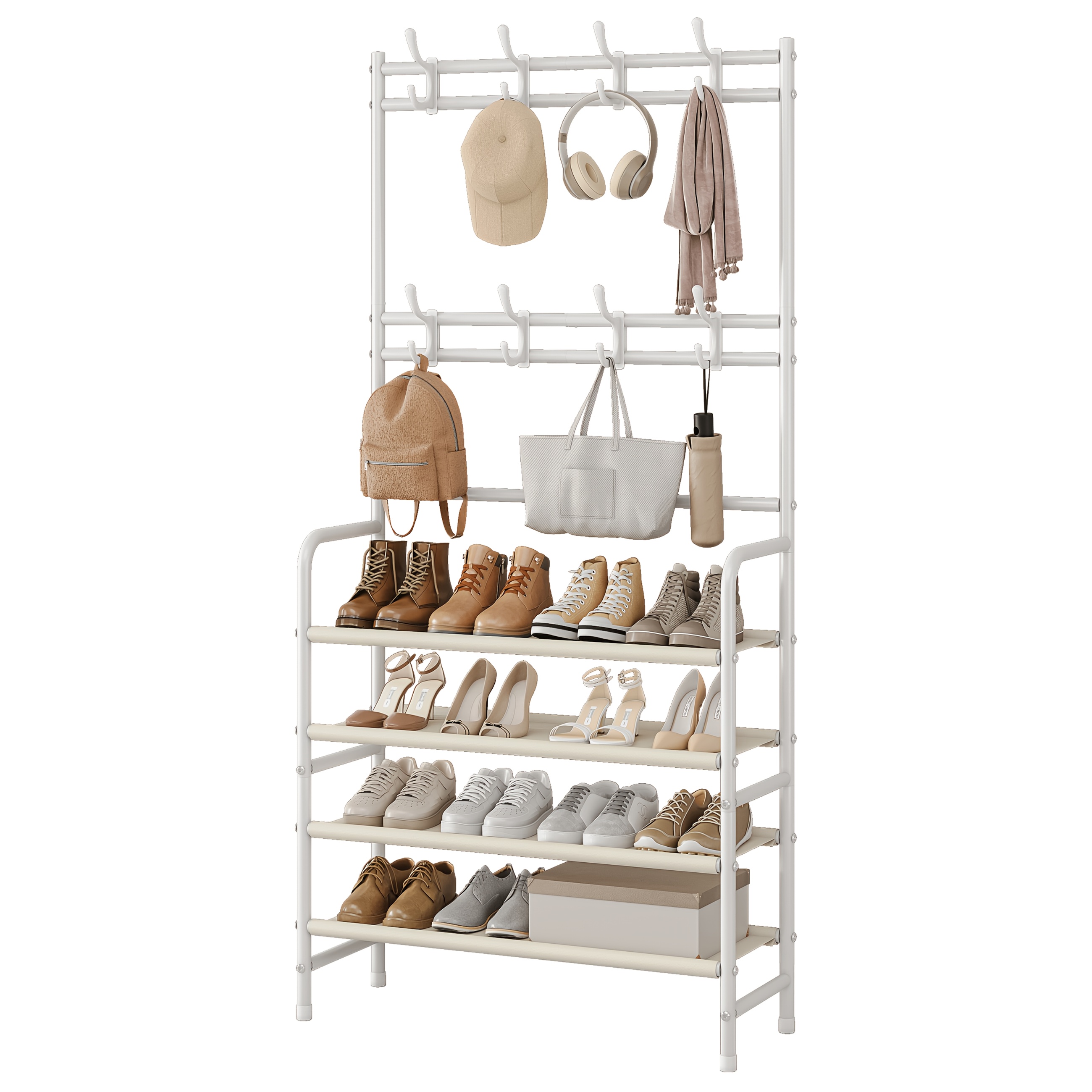 TEMU Suoernuo 4-tier Heavy-duty Metal Entryway Coat Rack & Shoe Rack With 8 Hooks & Storage Shelf - Freestanding Sturdy Organizer With Spacious