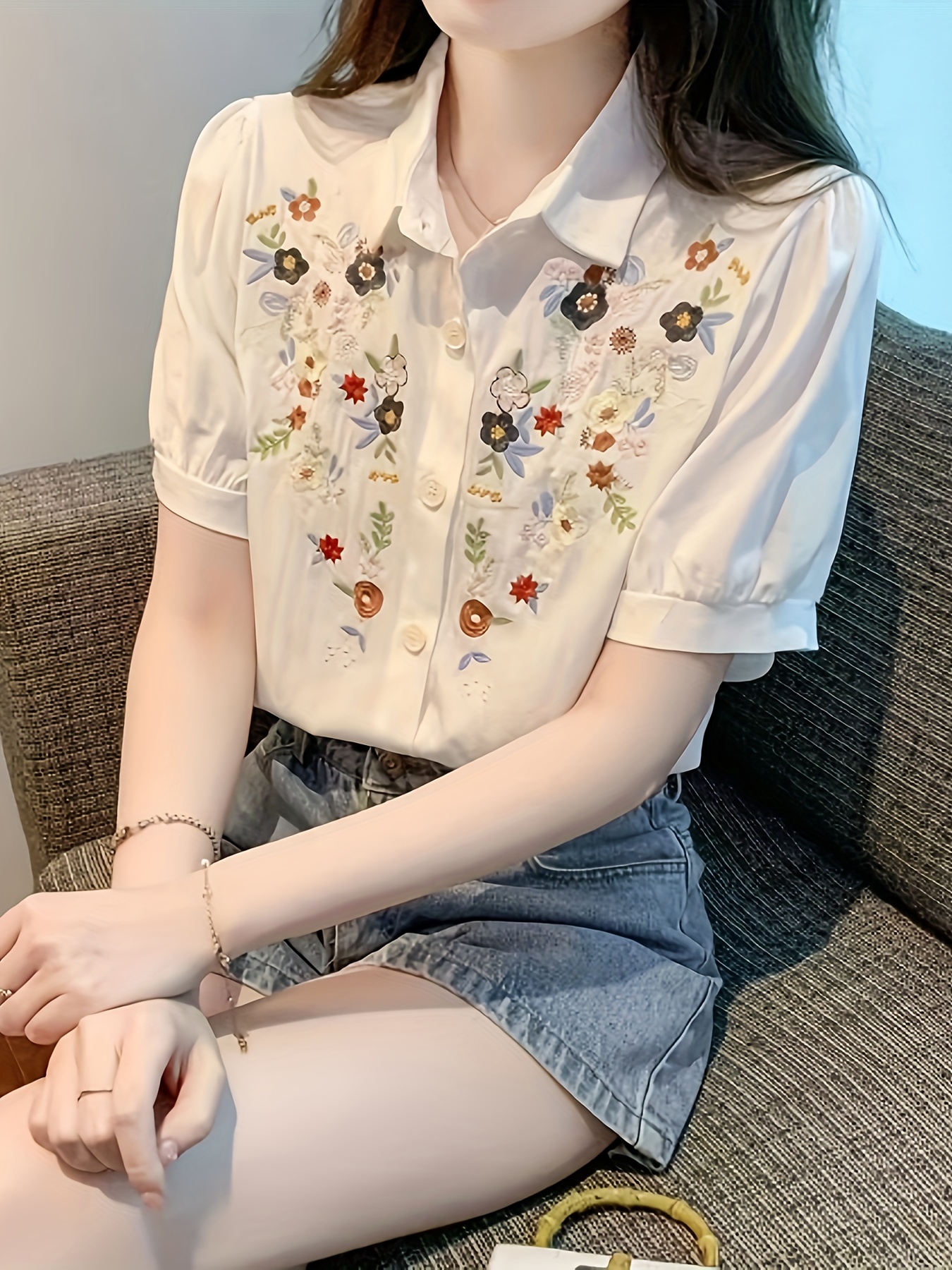 トップス YILON MADE Joli flower blouse WHITE TEELYNN 100%Cotton Floral Embroidery White Lace Blouse shirt