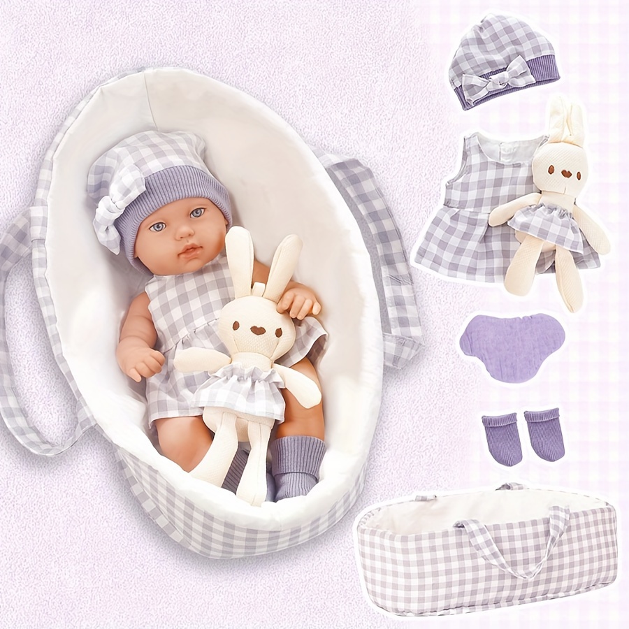 TEMU 12 Inch (30cm) Purple & Pink Baby Dolls Set | Includes Dolls, Doll Bassinet, Rabbit Plush Toy, Hat, Outfit, Underwear & 1 Pair Of Socks, Girls'