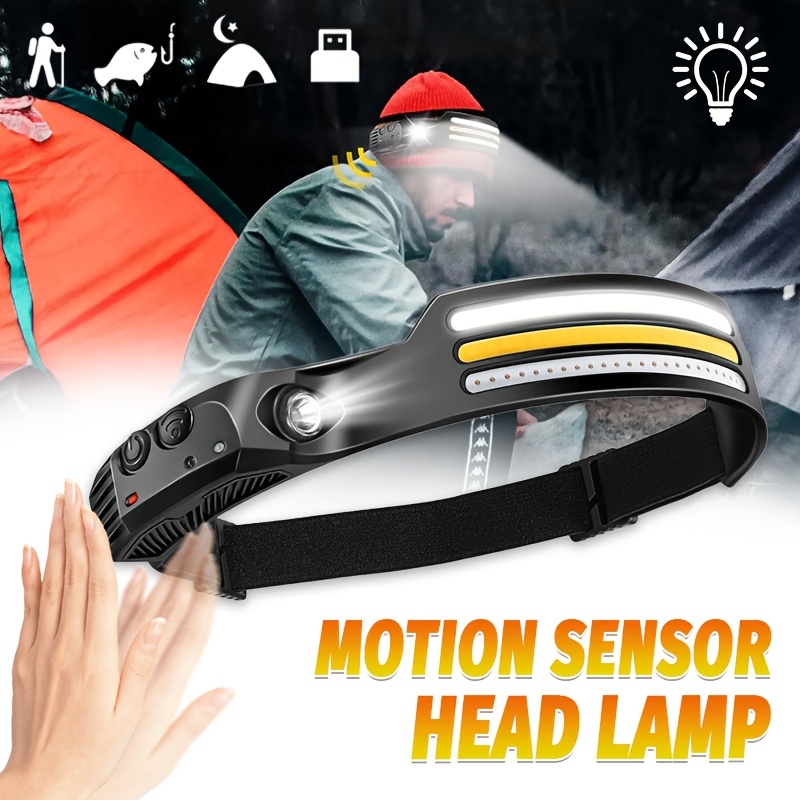 

1pc Cob Motion Sensor Headlamp, Usb Rechargeable Led Head Lamp For Hiking, Running, , Portable Work Light With Abs Material, Matte Metal , Rechargeable Battery, Case Included