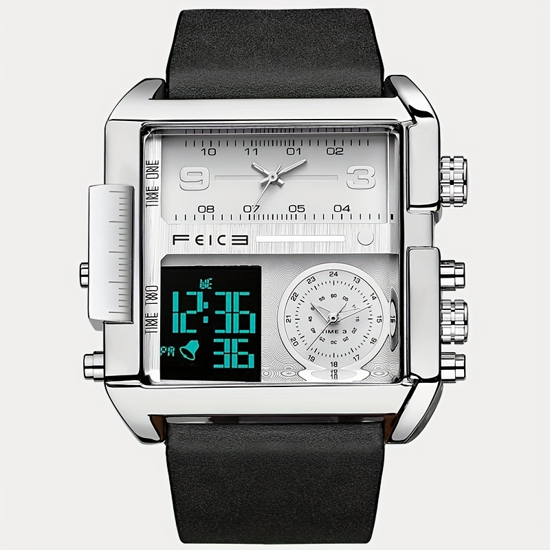 TEMU Men's Watch Digital Led Quartz Watch 50mm Large Dial Square Men's Watch Multifunctional Sports Men's Watch Luminous Alarm Clock Timer 24h