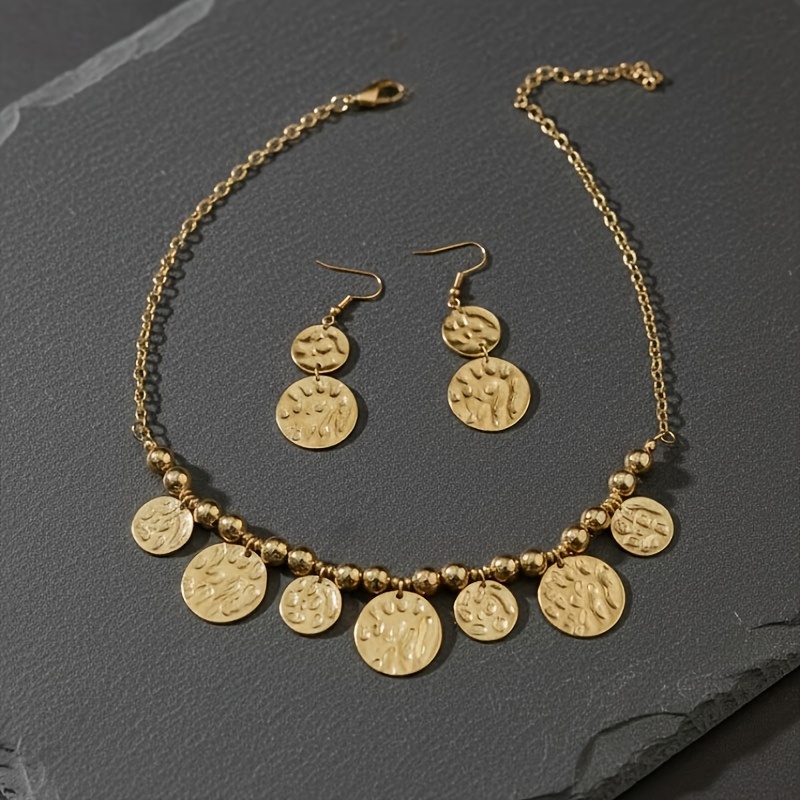 TEMU 2pcs Set Creative Necklace And Earrings Women's Jewelry Set, Vintage Bohemian Geometric Round Disc Beaded Chain Necklace And Drop Earrings 2pcs