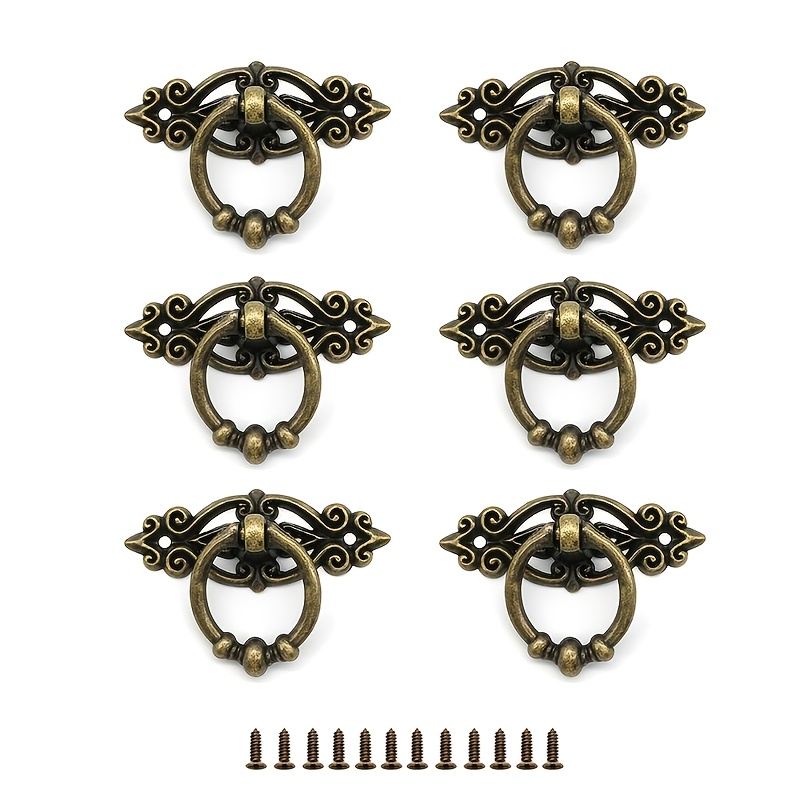 TEMU Juego de 6 tiradores de anillo antiguos con tornillos para gabinetes, cocina, armario, cajón, alacena, herrajes para muebles vintage, anillo de