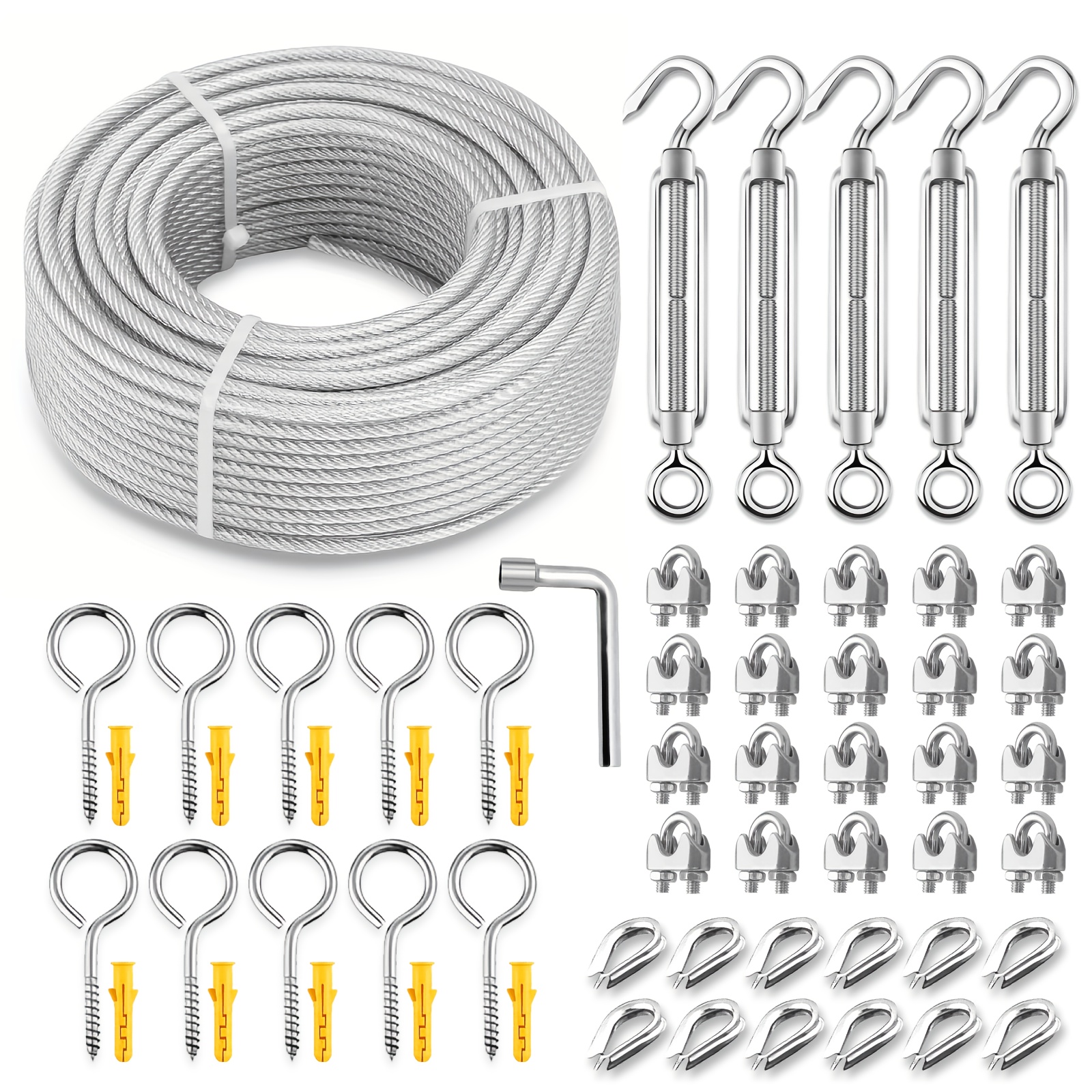 Image of 30m (100ft) 3mm Vinyl Coated 304 Stainless - Heavy Duty Turnbuckles & 20pcs Wire Rope Clips, Professional Balustrade Railing & Garden Trellis System