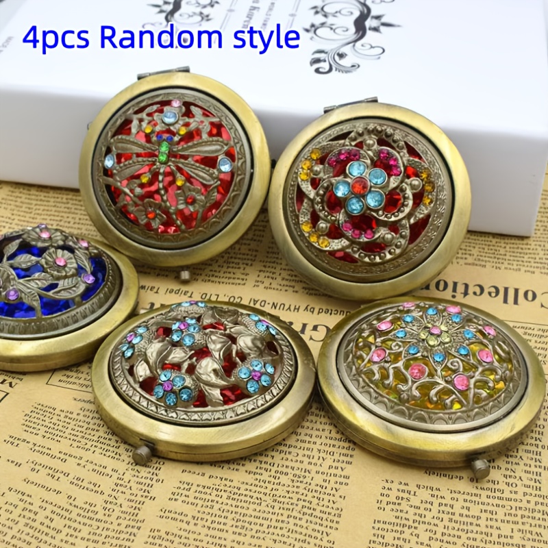 TEMU 4pcs Set Of Retro Folding Mirror, Mirror, Mini Exquisite Retro Mirror, Portable Makeup Mirror, Double-sided Small Mirror, Retro Bronze Random Pattern.