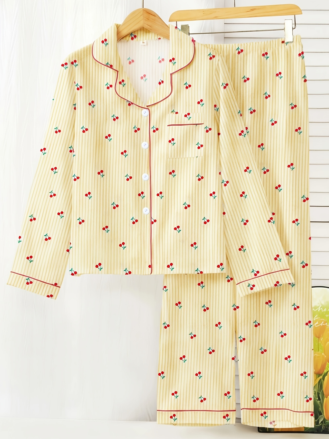 blue striped cherry print womens pajama set long sleeve top and pants comfortable lapel     robe with buttons