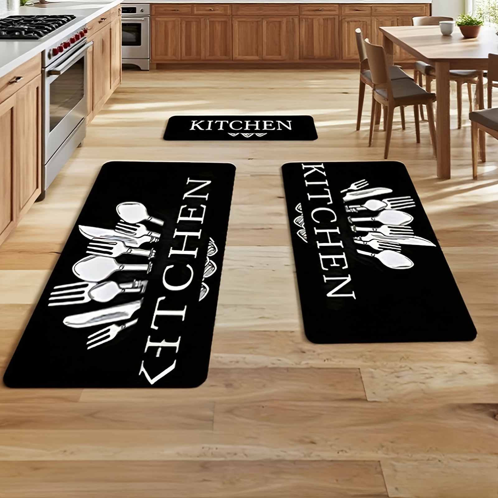 3pcs Non-slip Suitable For Suitable For Bedroom Kitchen Mat With Knife & Fork Pattern, Soft Suitable For, Dining Room, Bathroom - Machine-made Plastic Backing, Easy Clean Covering