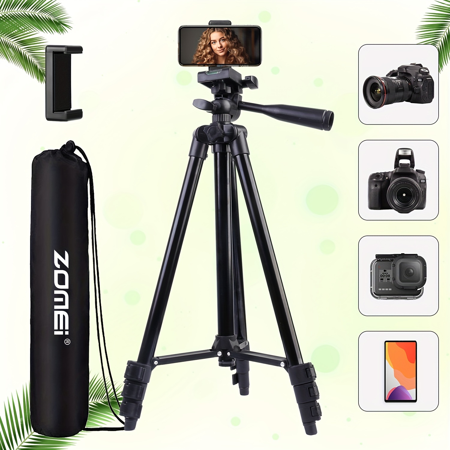 Horizontal Phone Tripod Camera Stand Portable Lightweight Travel Tripod for  DSLR iPhone with Remote Phone Holder Carrying Bag