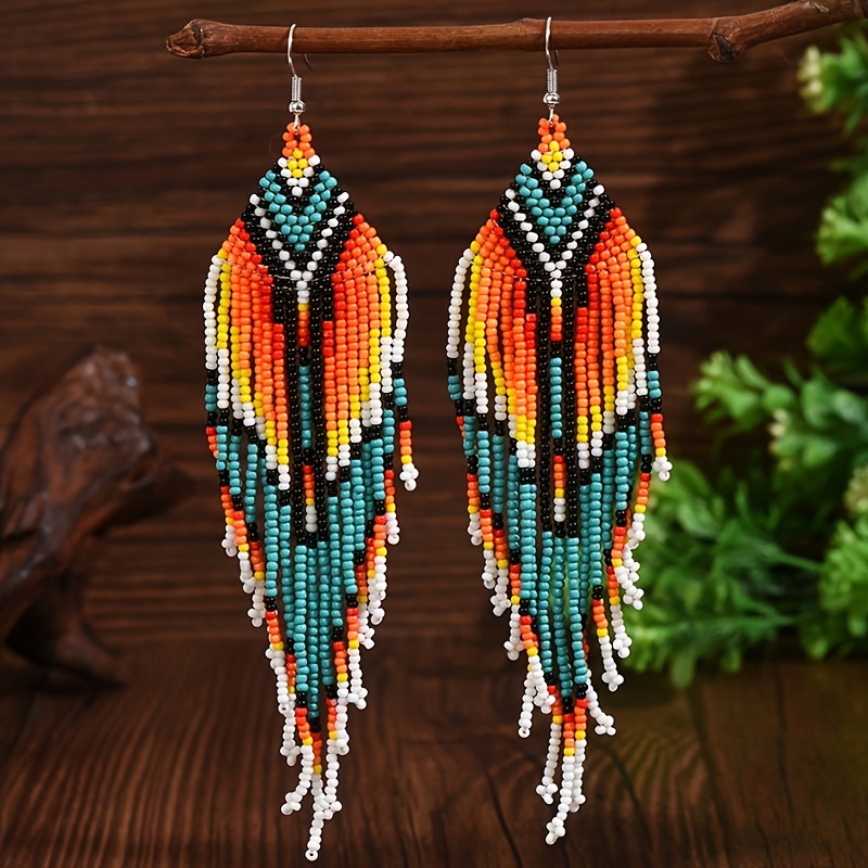 Women's Ethnic-Style Long Hand-Woven Tassel Multi-layer Seed Bead Earrings
