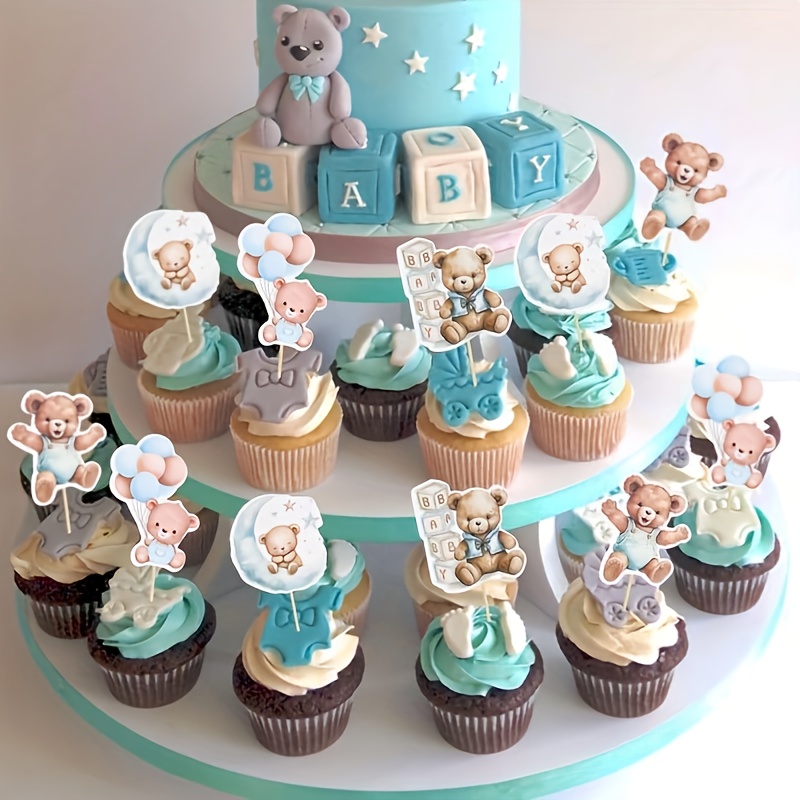 48 Pcs Baby Shower Cupcake Toppers - Pink Moon Bear Theme Decorations For Girls Birthday Party