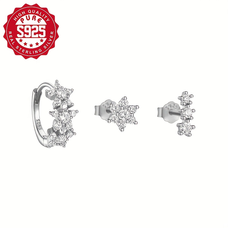 3pcs Set 925 Sterling Silver Stud Earrings with Synthetic Zirconia