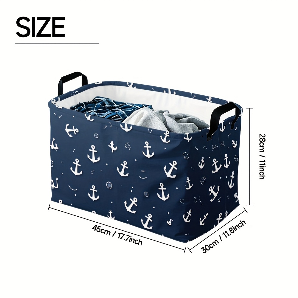 E-shop ., Aufbewahrungskorb Marineblau mit Anker-Design, rechteckiger, zusammenklappbarer Aufbewahrungskorb mit Griffen für Regale, Zuhause, Schrank,
