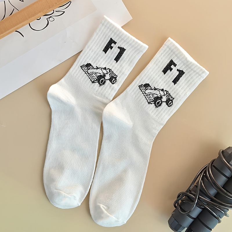 TEMU 1-pair Unisex Racer-themed Mid-calf Socks Suitable For , ' Athletic Driving, Hand Washable/dry , Minimalist White Socks For Racing Enthusiasts,