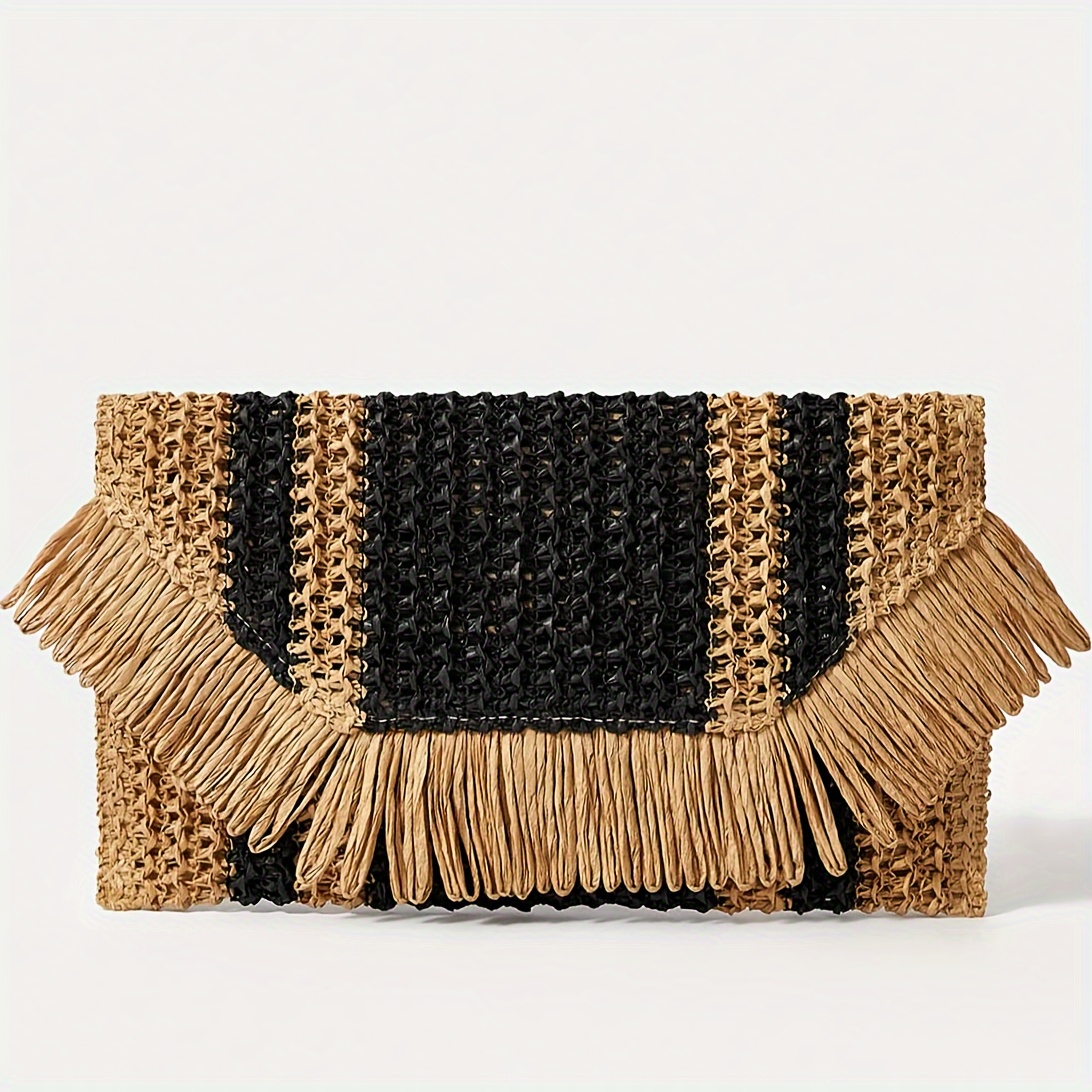 TEMU Women's Fringe Straw Clutch Handbag Envelope Woven Summer Beach Bag Vacation Straw Bag Gift Cosmetic Pouch Black Stripes