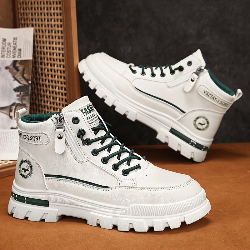 

Men's Athletic Ankle Boots - Casual & Sporty, White With Green Accents, Pu Upper & Eva Insole, Zip-up & Lace-up Closure, Casual Attire - All , Sneakers