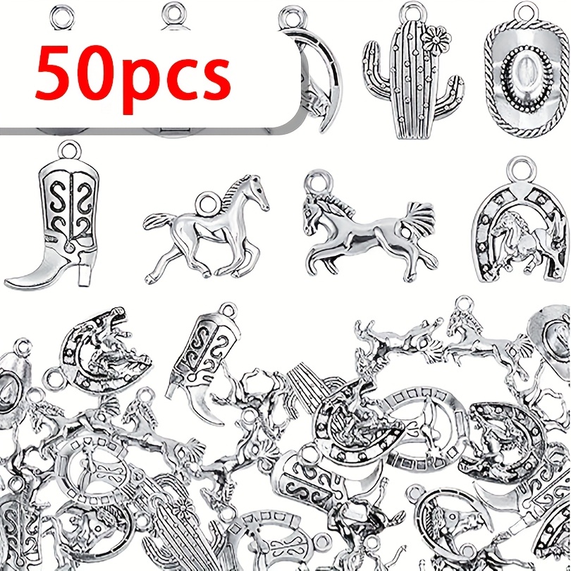 E-shop 50 Stück Western Cowboy Charms für Schmuckherstellung, Zinklegierung, Vintage Cowboy Stiefel Hut Pferd Kaktus Charms, Western Pferde Anhänger