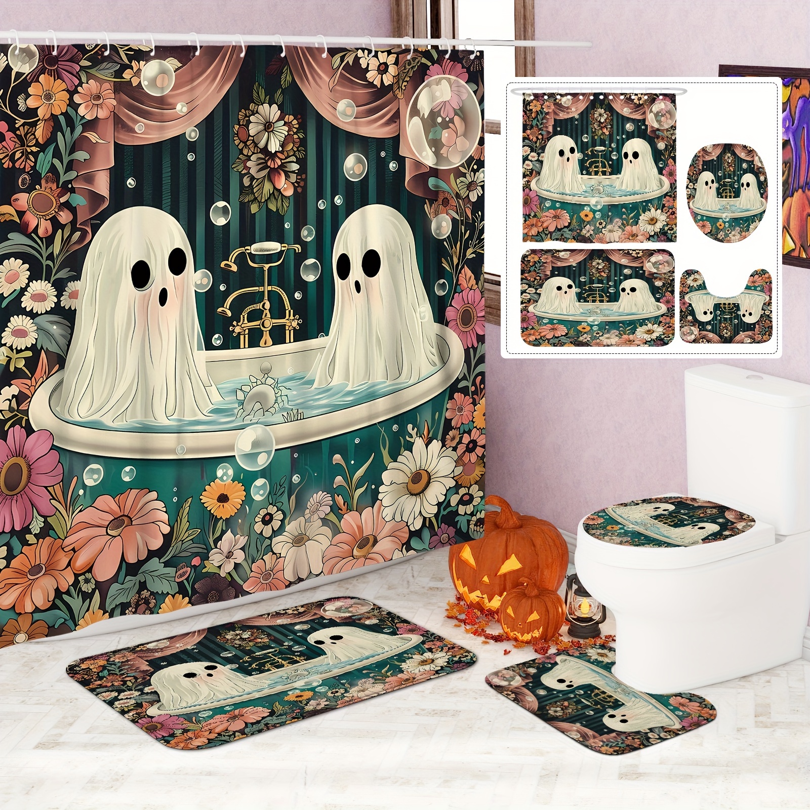 

1/4pcs Halloween Bathtub Curtain Set Curtain And Rugs Polyester For Bathroom Or Decor 12 Bath Mat Lid Mat