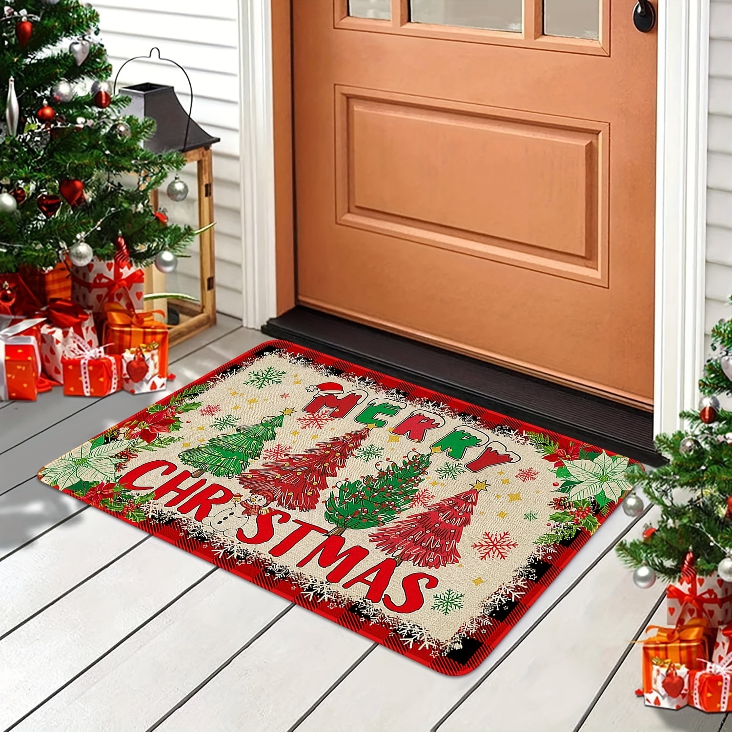 2pcs set christmas themed kitchen floor mats christmas kitchen rugs set of 2 santa claus farmhouse truck red   pattern christmas kitchen decor machine washable great for kitchen home office laundry room bathroom   christmas   flange 0 47 inch floor mat Product details 8