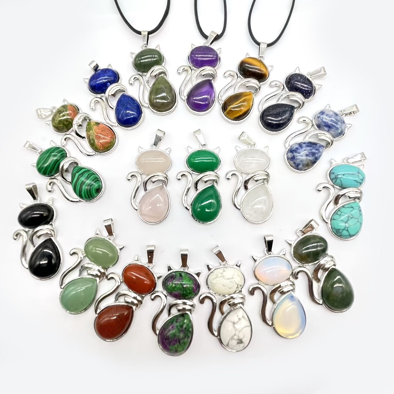 10pcs Natural Stone Cat-Shaped Pendant Ornaments Set