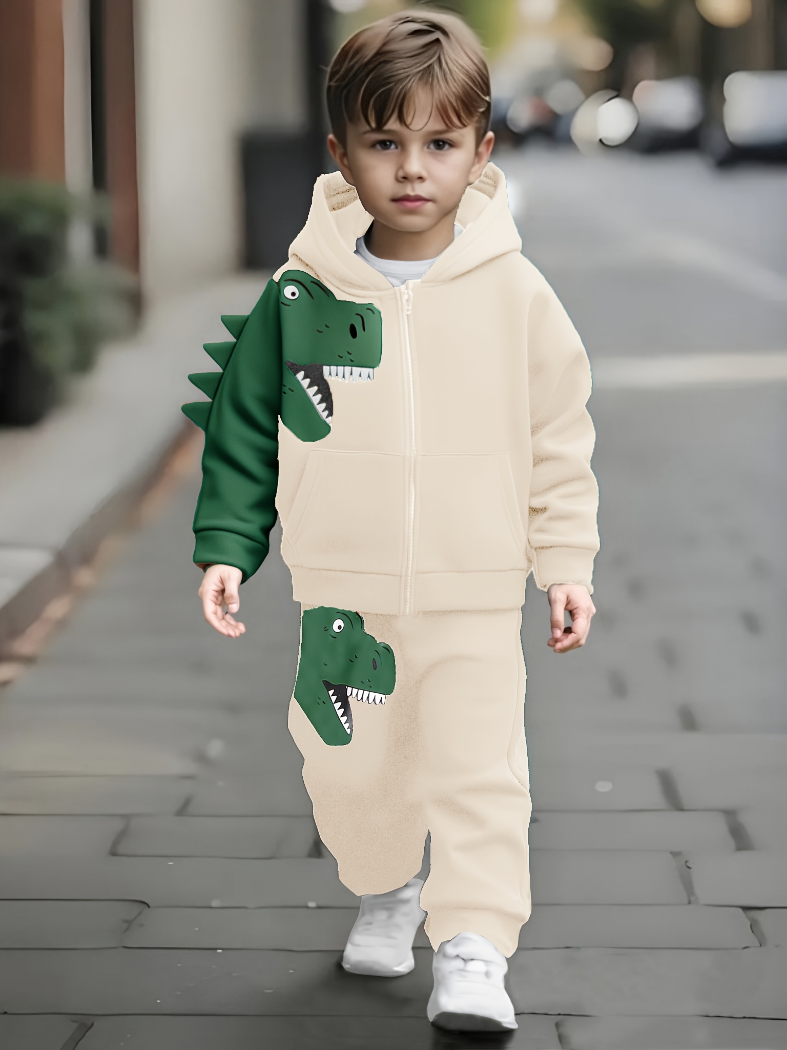 Toddler's 2-Piece Set, Fleece-Lined Hoodie And Pants, Dinosaur Pattern, Autumn/Winter Outdoor Outfit, Soft And Cozy, Machine Washable - Image 4