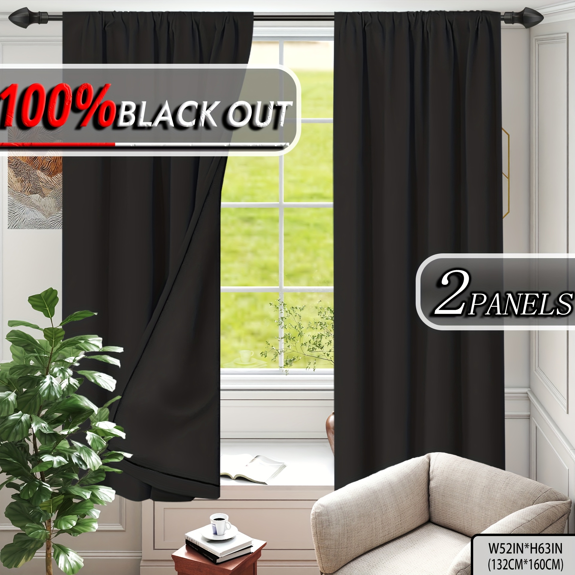TEMU 2-pack, 100% Blackout Curtains With Thermal Insulation And Noise Reduction Lining, Top Rod Pocket For Easy Hanging, Lightweight And Portable,
