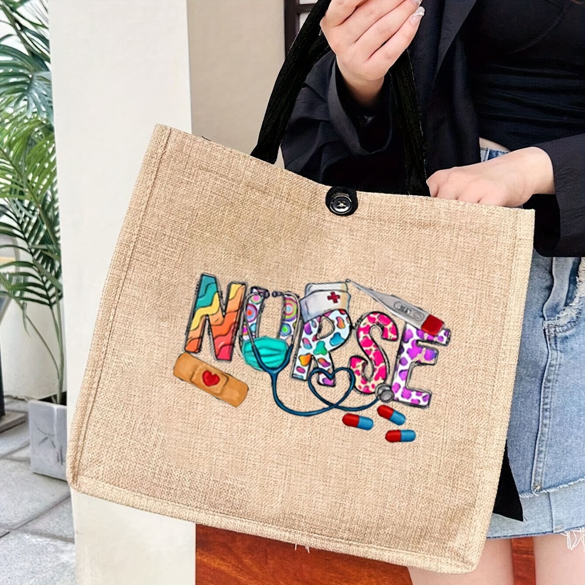 

Nurse Themed Printed Tote Bag - Large Capacity, Durable Nylon Material, Hand Washable, Foldable & Lightweight Linen Handbag, Buckle Closure - Ideal Gift For Medical Professionals