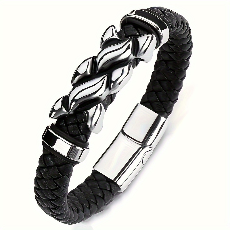 

Fashionable Black Leather Magnetic Bracelet With Flame Design - High-quality Punk Style Accessory For Men