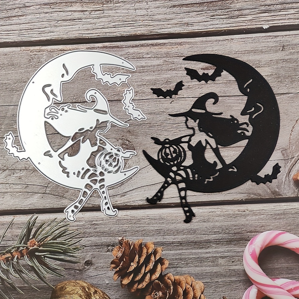 

Witch On Moon Metal Cutting Dies, 1pc Carbon Steel Die Cut Stencil For Diy Scrapbooking, Paper Crafts & Card Making, Silver Grey Embossing Die-cuts