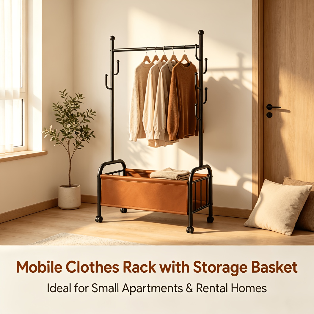 Image of Clothing Rack Mobile Coat Rack With Pu Leather Storage Basket - Floor-standing Entryway Clothing Storage Artifact, Suitable For Corridors And Apartments