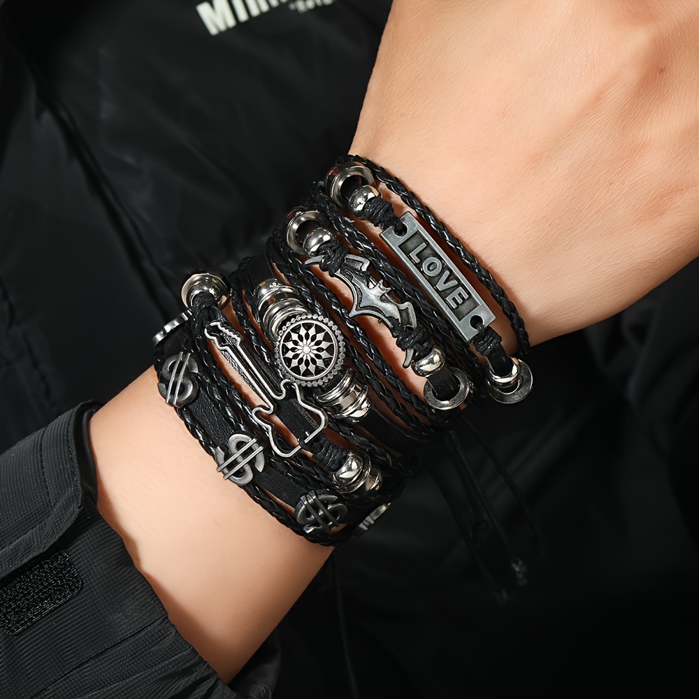 Juego de 6 pulseras tejidas artesanales para hombre en cuero sintético estilo hip-hop punk