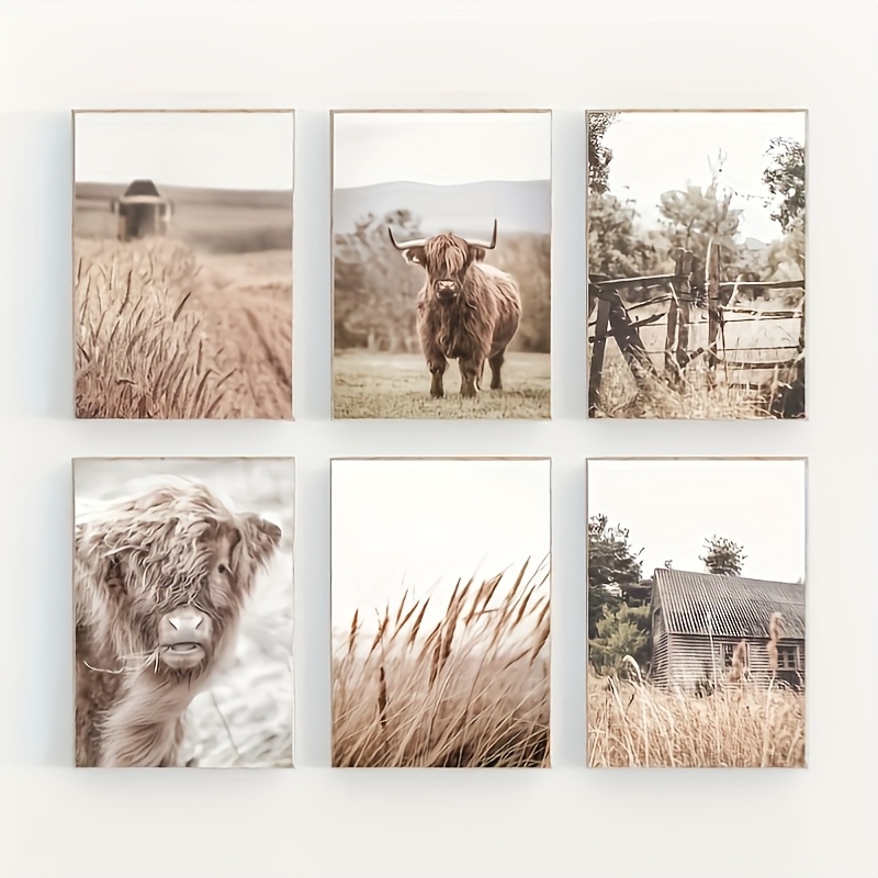 

6pcs Unframed Canvas Wall Art Farmhouse Rustic Highland Cow Print Nature Farmhouse Landscape Wheat Field Print Posters For Gallery Farmhouse Livingroom Office Bedroom X 10 Inch/20 X 25cm