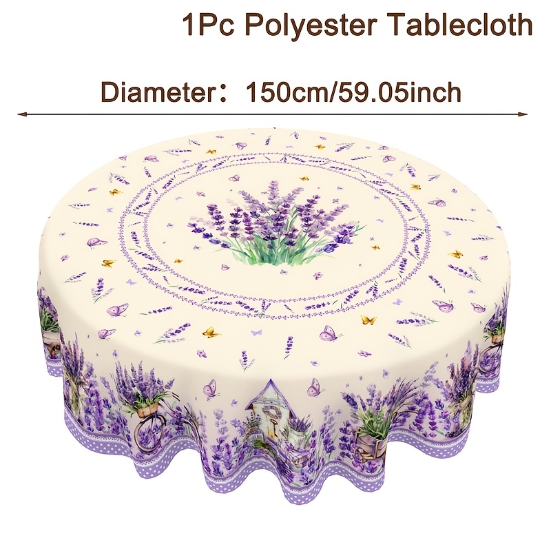 TEMU 1pc Lavender Floral Tablecloth, Spring Lavender Flower Botanical Polyester Round & Rectangle Table Cover, 2 Sizes Available, Holiday Durable