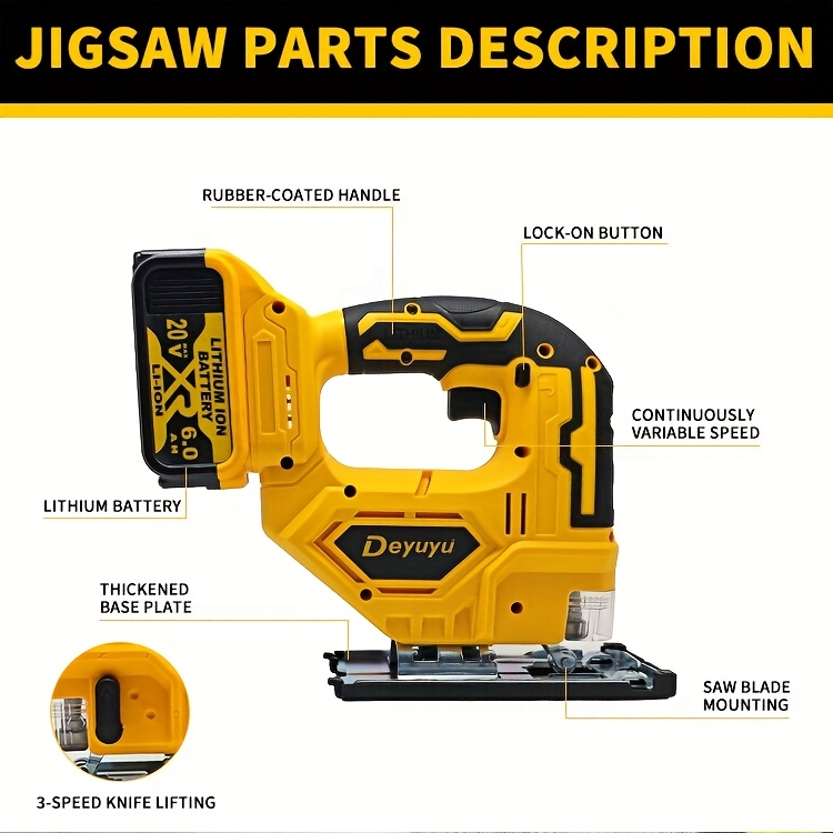 Deyuyu 3000RPM Brushless Cordless Jigsaw with LED Work Light for Dewalt 20V MAX Batteries(Batteries Not Included) 0°-45° Miter Cutting, 3 Track Settings for Straight/Curved/Bevel/Circular Cutting, Suitable for Home Improvement Use