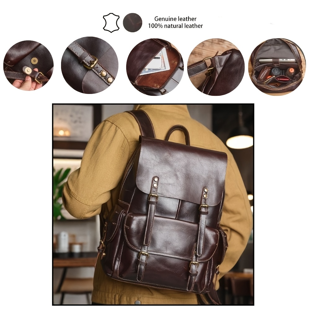mens brown leather backpack large capacity travel bag - Temu Mauritius