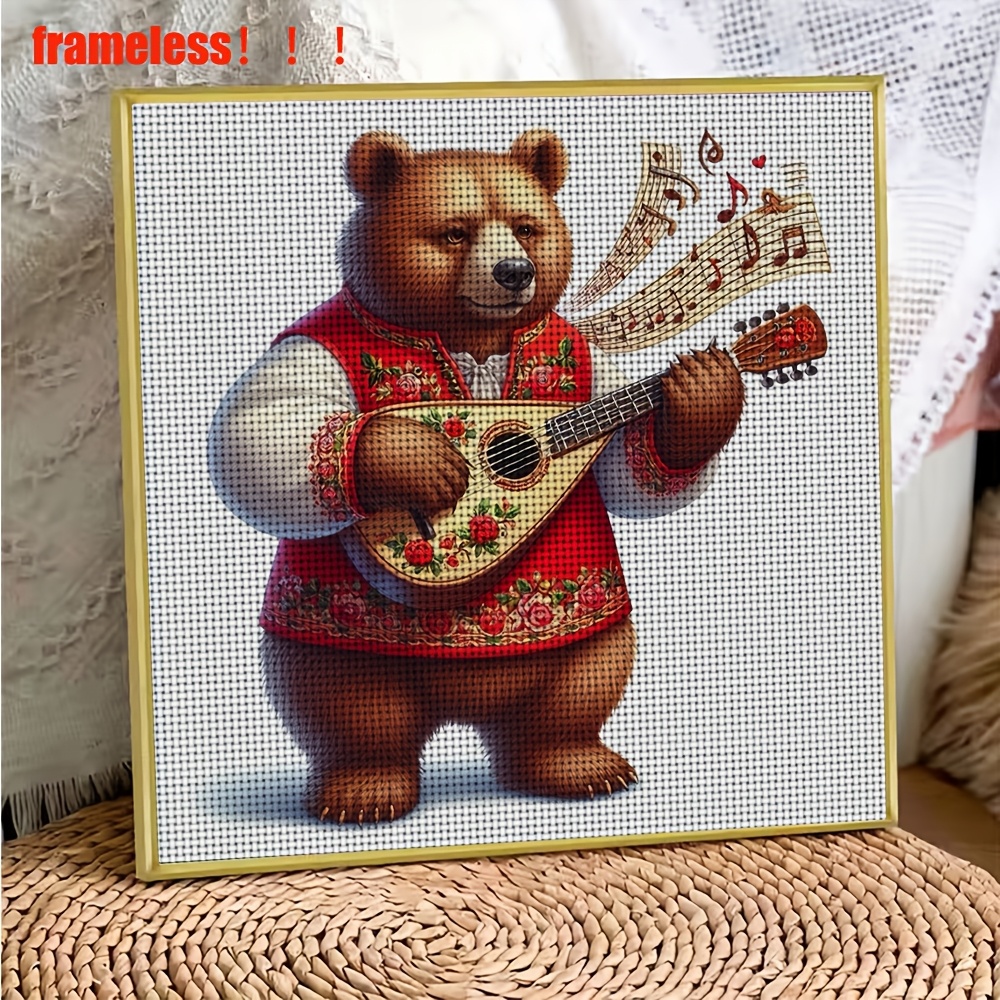 DIY Cross Stitch Kit, Frameless, Brown Bear Playing Music Pattern