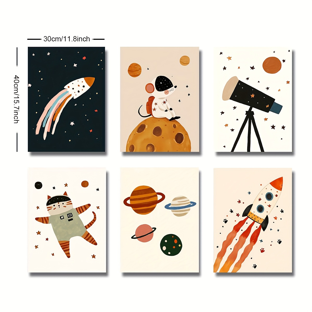 Set Of 6 Outer Nursery Canvas Poster Print Astronaut Rocket Cute Wall Art Boy Bedroom Decor Aesthetic Painting For Playroom, Room,apartment,modern Home Decoration,halloween Christmas Decor